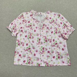 Nanette Lepore Puff Short Sleeve Top Sz L Front Buttons Pink Blouse Boho Peasant